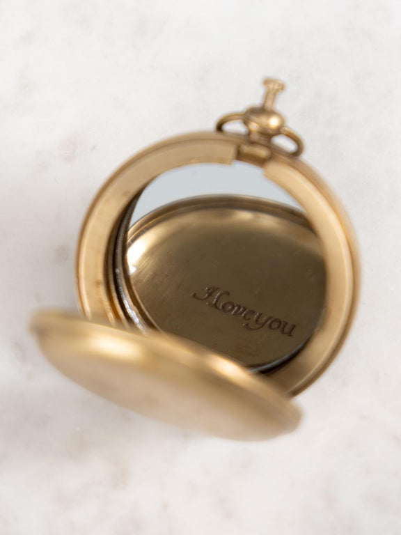 Miroir de poche rond en laiton vieilli 4,5 cm gravé I Love You