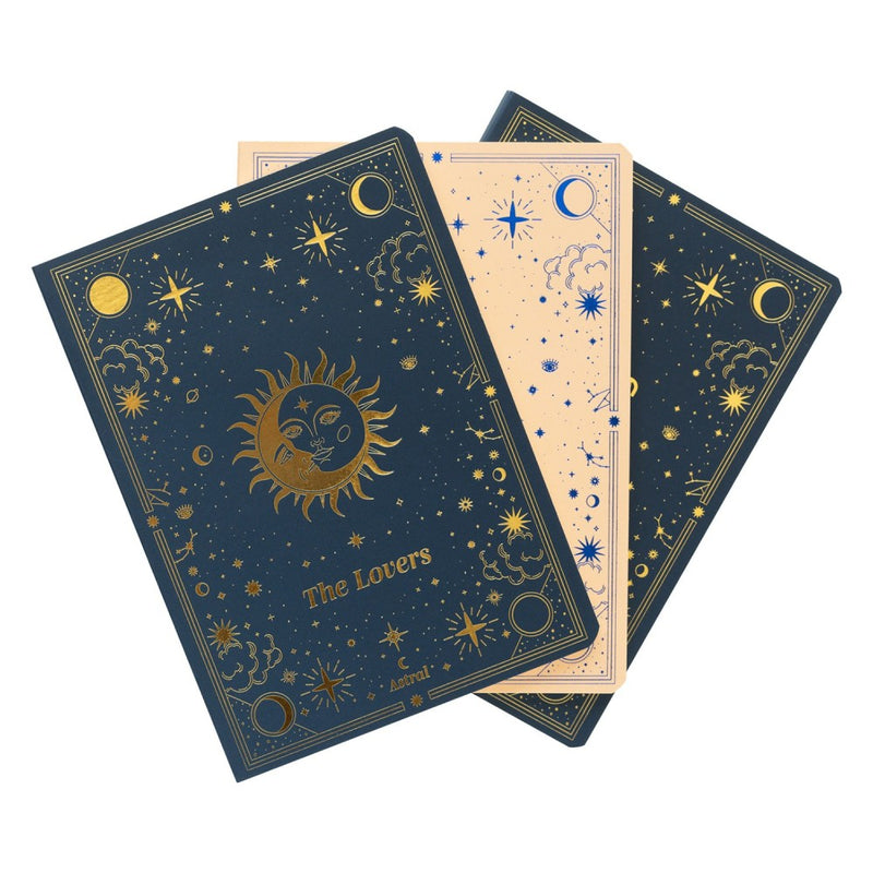 Lot de 3 carnets A6 Collection Astral à motifs dorés : The Lovers, The World et Justice