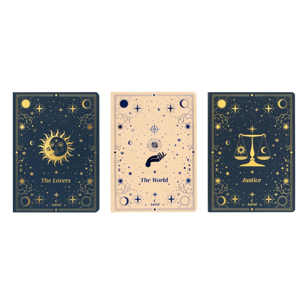 Lot de 3 carnets A6 Collection Astral à motifs dorés : The Lovers, The World et Justice