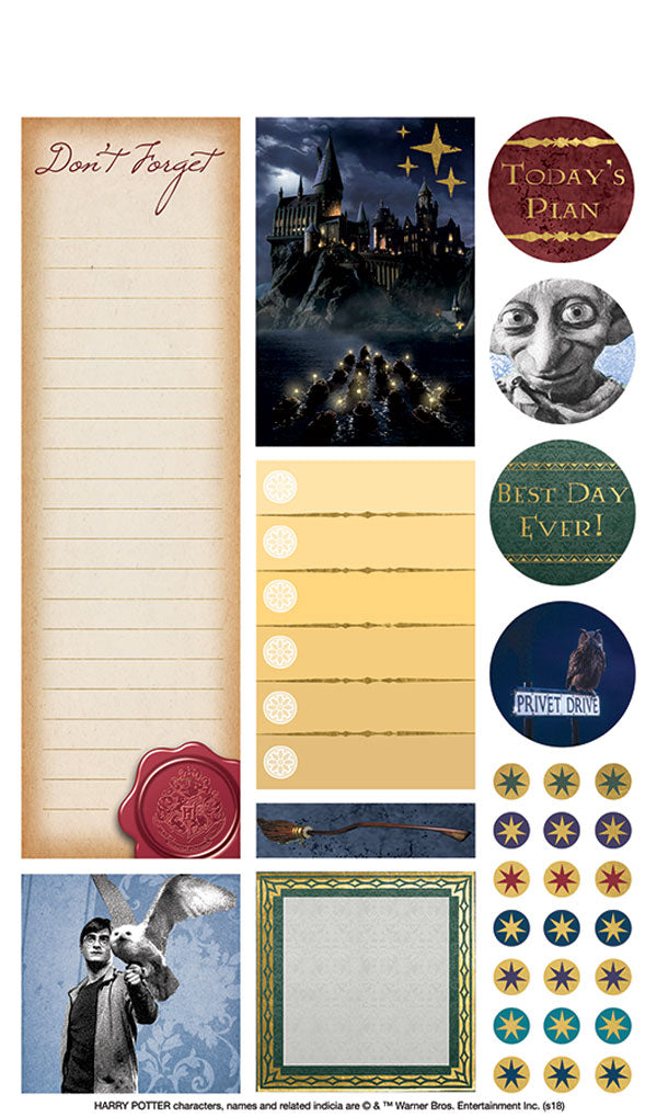 Planche de 95 stickers Harry Potter vintage pour agenda, blason de Poudlard, Hedwige et Choixpeau