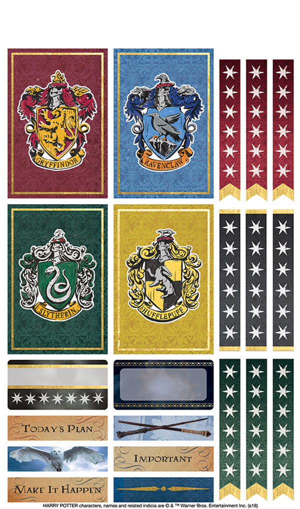 Planche de 95 stickers Harry Potter vintage pour agenda, blason de Poudlard, Hedwige et Choixpeau