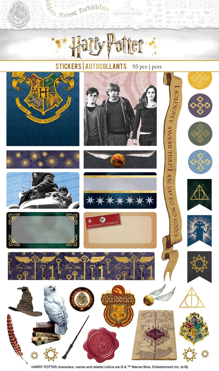Planche de 95 stickers Harry Potter vintage pour agenda, blason de Poudlard, Hedwige et Choixpeau