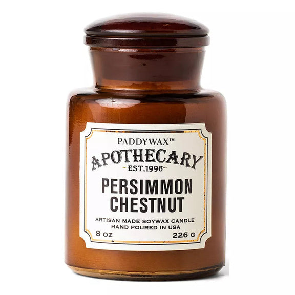 Bougie apothicaire Persimmon & Chestnut en cire de soja dans un pot en verre ambré vintage 226 g