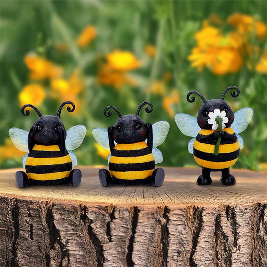 Trio de figurines abeilles sages en résine avec fleur, version joyeuse du mantra protecteur