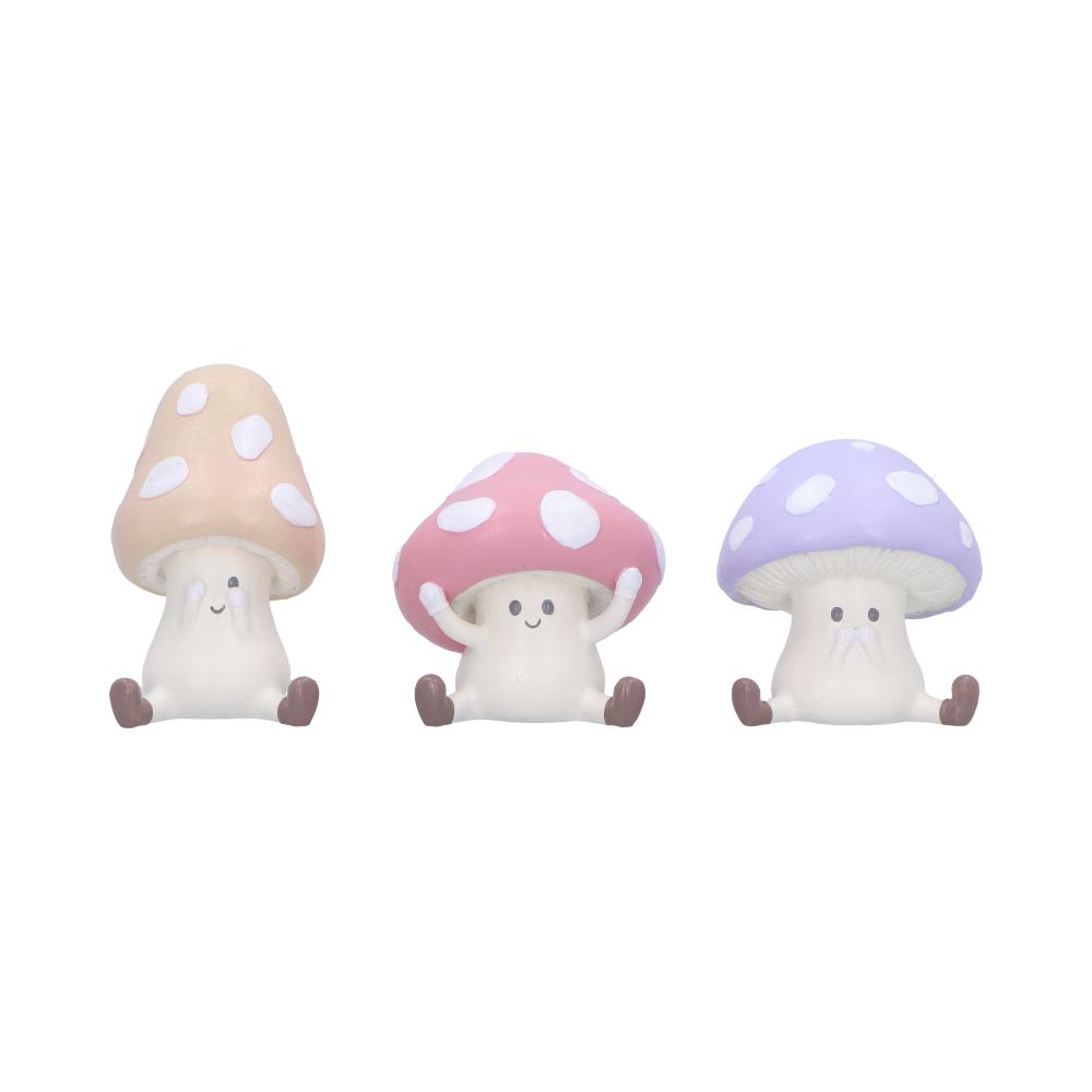 Trio de figurines champignons sages aux chapeaux colorés, mantra ne rien voir, entendre ni dire de mal