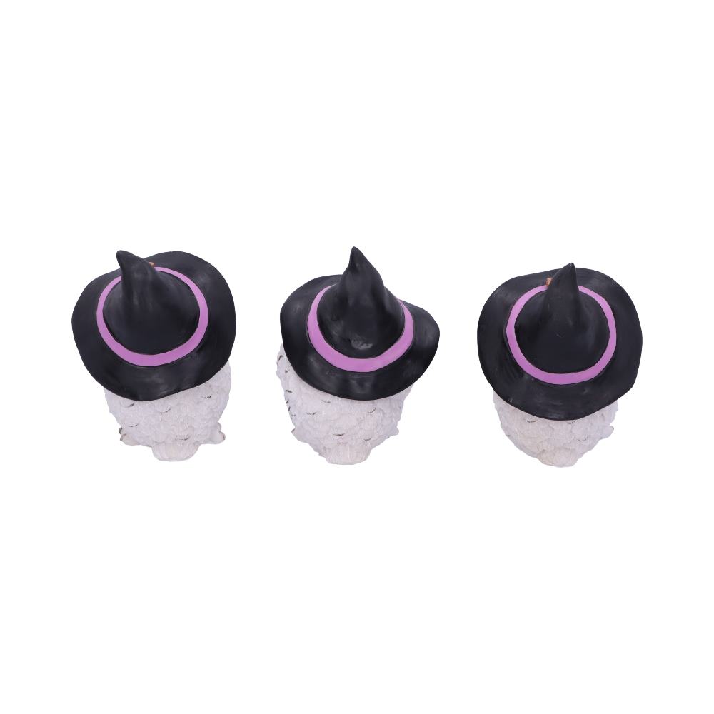 Trio de chouettes blanches sages aux chapeaux de sorcière, figurines en résine mantra protecteur