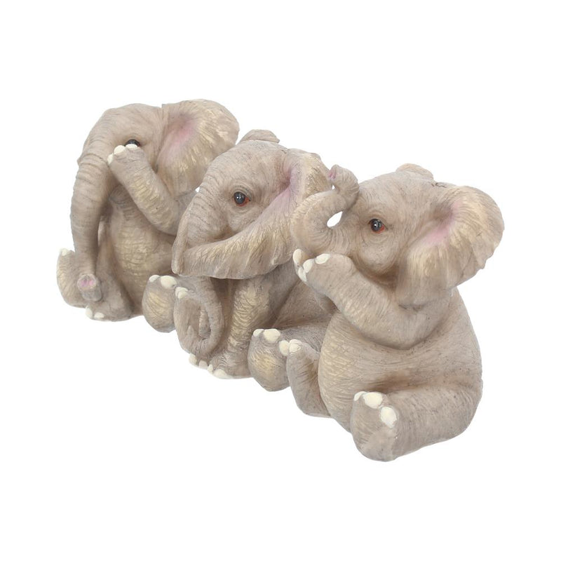 Trio de figurines éléphants sages en résine, trompes enroulées et gestes du mantra protecteur