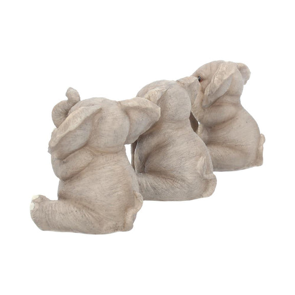 Trio de figurines éléphants sages en résine, trompes enroulées et gestes du mantra protecteur