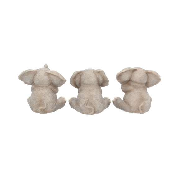 Trio de figurines éléphants sages en résine, trompes enroulées et gestes du mantra protecteur