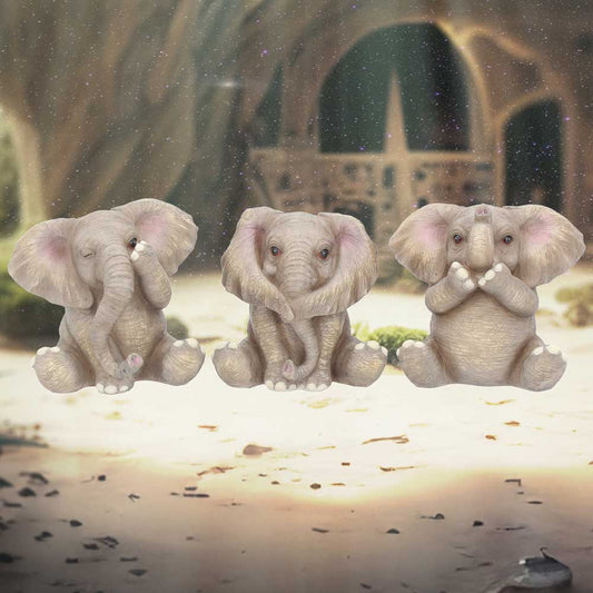 Trio de figurines éléphants sages en résine, trompes enroulées et gestes du mantra protecteur