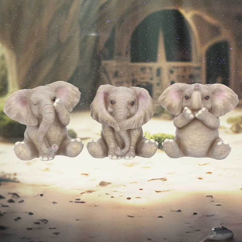 Trio de figurines éléphants sages en résine, trompes enroulées et gestes du mantra protecteur