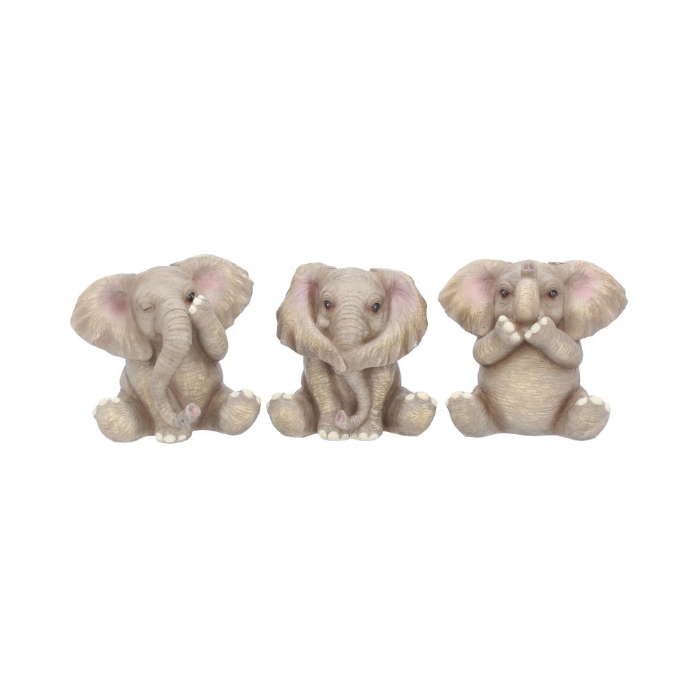Trio de figurines éléphants sages en résine, trompes enroulées et gestes du mantra protecteur