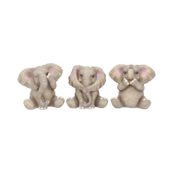 Trio de figurines éléphants sages en résine, trompes enroulées et gestes du mantra protecteur
