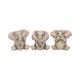 Trio de figurines éléphants sages en résine, trompes enroulées et gestes du mantra protecteur
