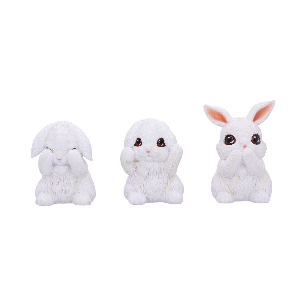 Trio de figurines lapins blancs sages en résine, yeux, oreilles et bouche cachés, mantra japonais