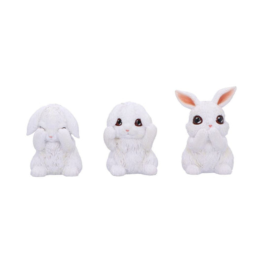 Trio de figurines lapins blancs sages en résine, yeux, oreilles et bouche cachés, mantra japonais
