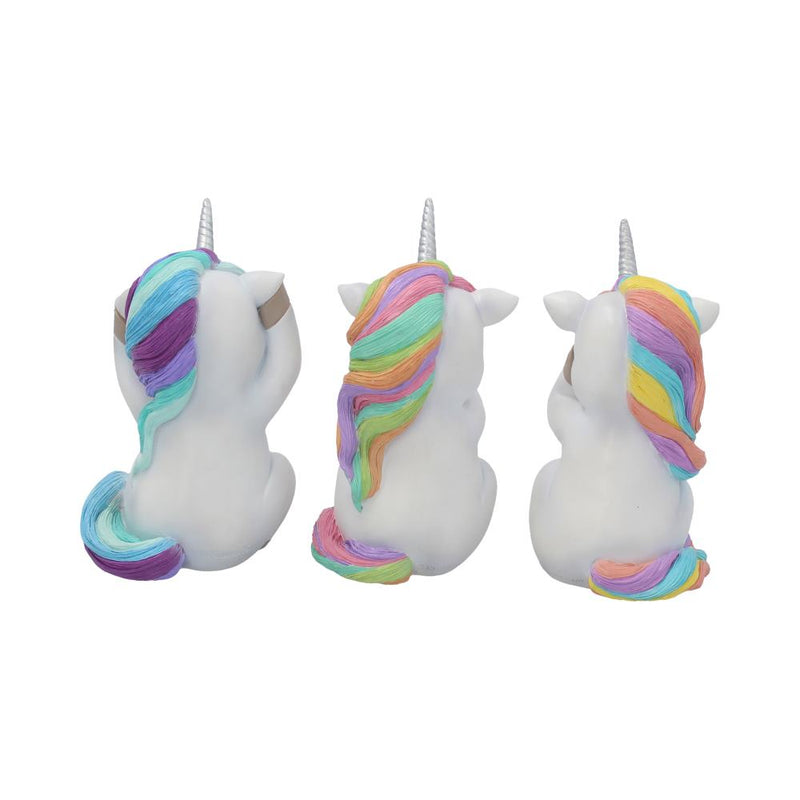 Trio de figurines licornes sages aux crinières arc-en-ciel, symboles étoile, cœur et lune
