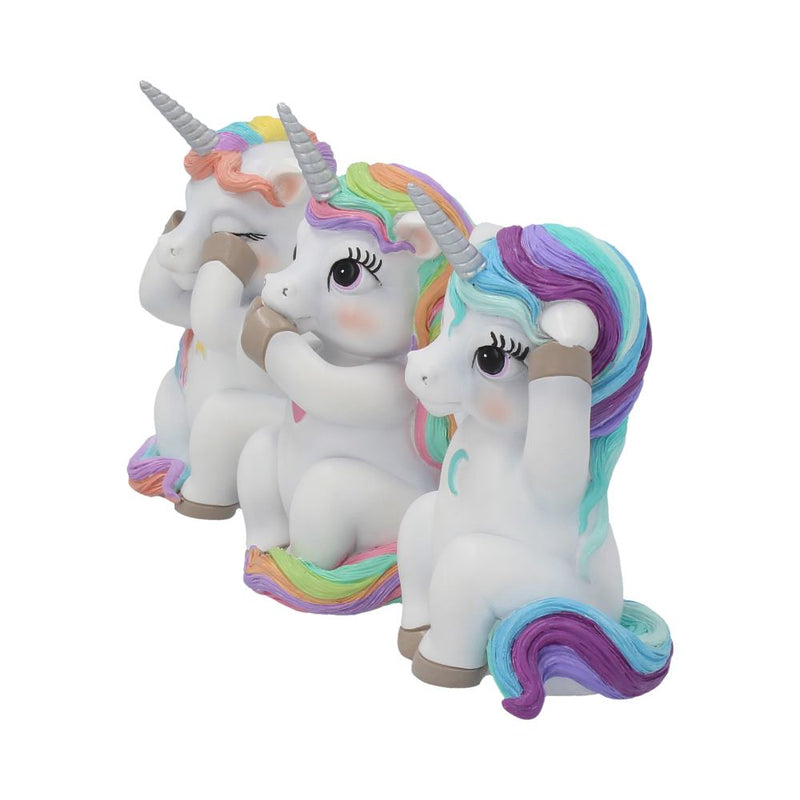 Trio de figurines licornes sages aux crinières arc-en-ciel, symboles étoile, cœur et lune
