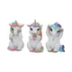 Trio de figurines licornes sages aux crinières arc-en-ciel, symboles étoile, cœur et lune