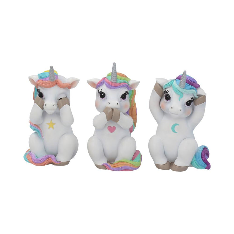 Trio de figurines licornes sages aux crinières arc-en-ciel, symboles étoile, cœur et lune