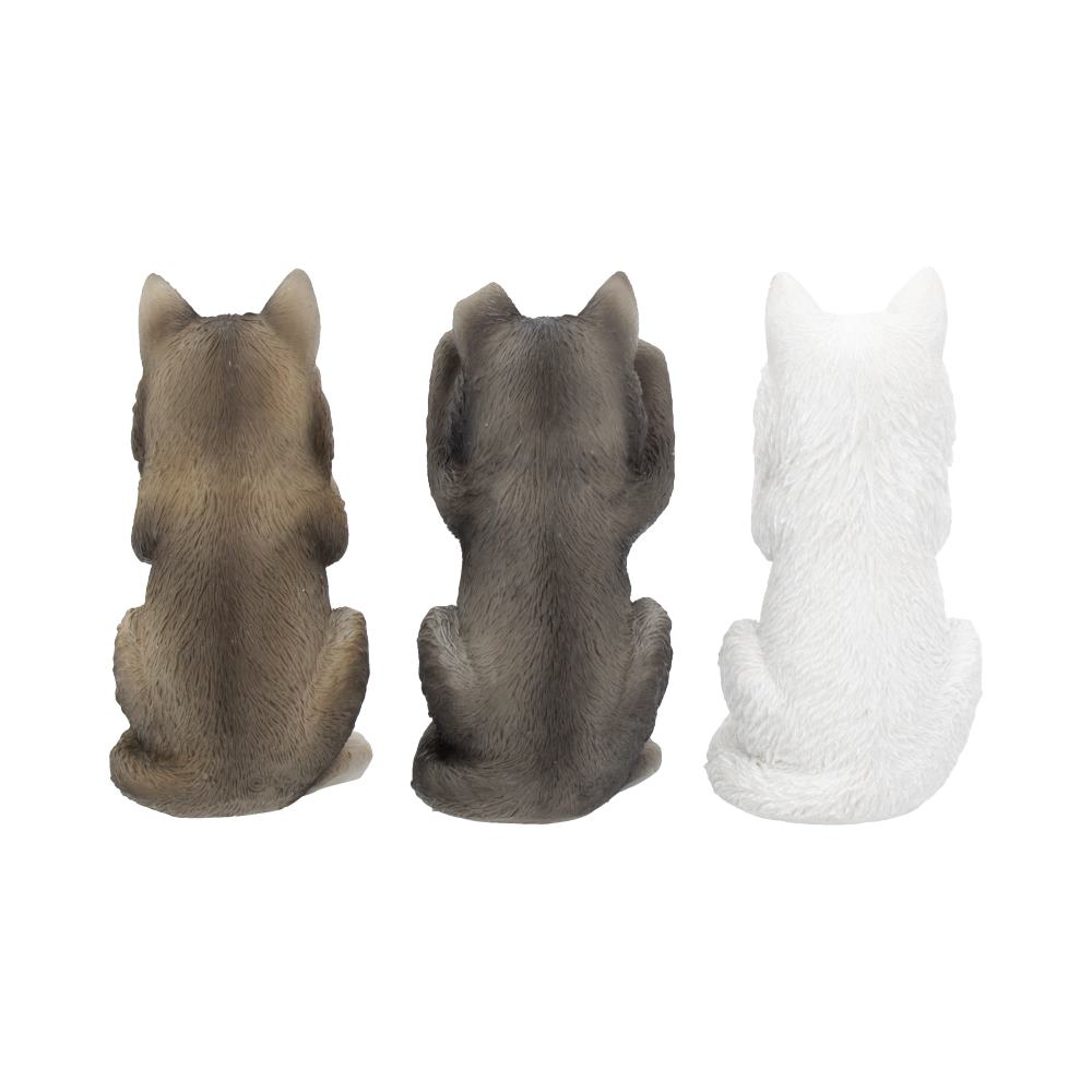 Trio de figurines loups sages en résine, yeux, oreilles et gueule cachés, mantra protecteur