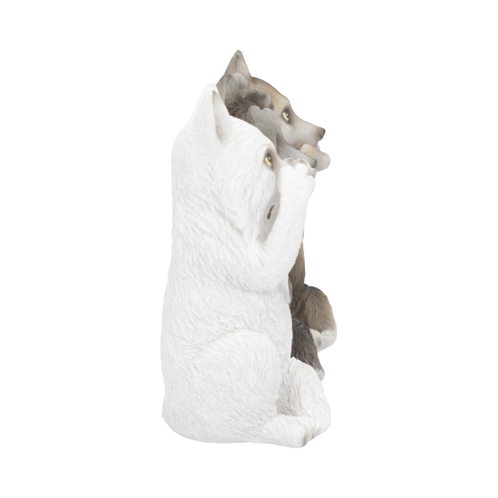 Trio de figurines loups sages en résine, yeux, oreilles et gueule cachés, mantra protecteur