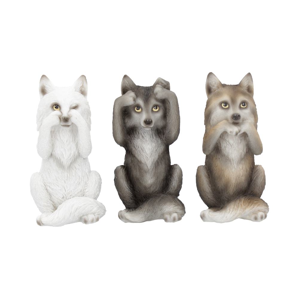 Trio de figurines loups sages en résine, yeux, oreilles et gueule cachés, mantra protecteur