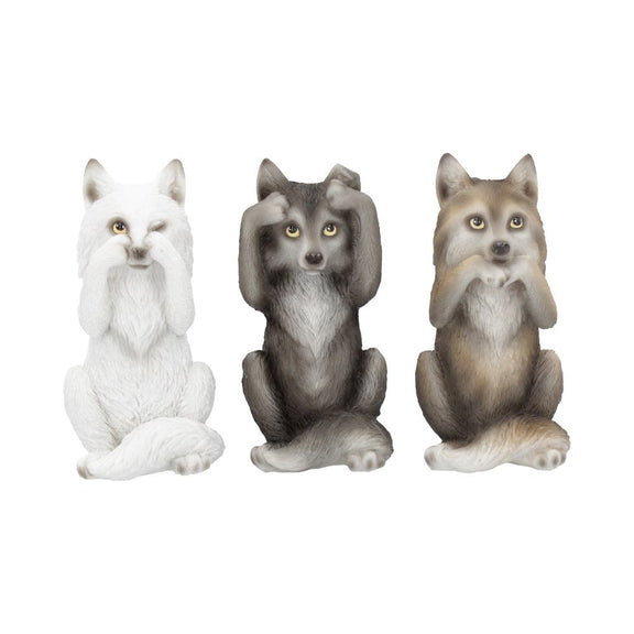 Trio de figurines loups sages en résine, yeux, oreilles et gueule cachés, mantra protecteur