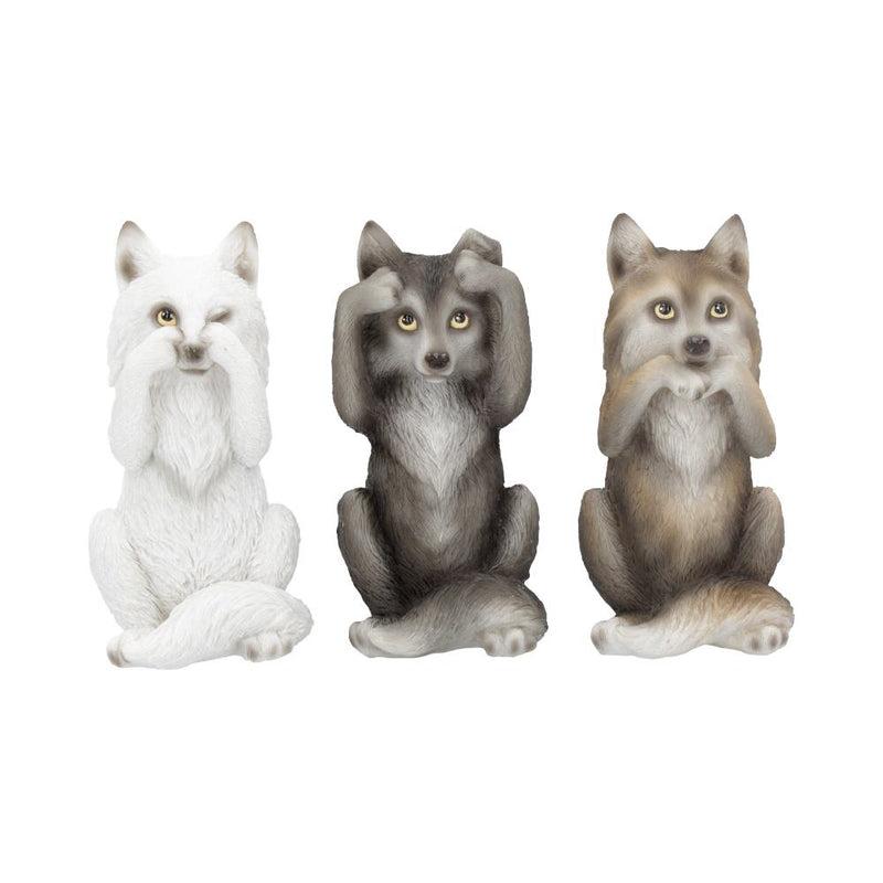 Trio de figurines loups sages en résine, yeux, oreilles et gueule cachés, mantra protecteur