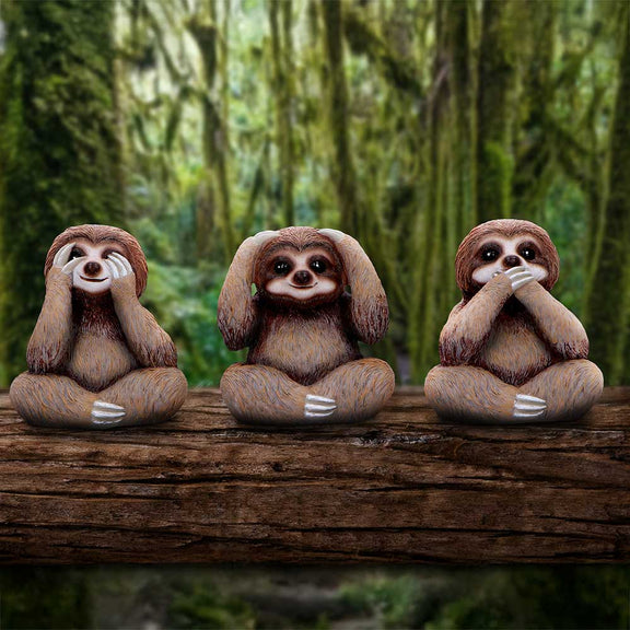 Trio de figurines paresseux sages souriants en résine, postures du mantra de bienveillance