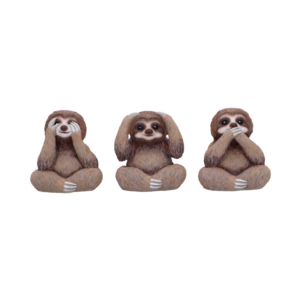 Trio de figurines paresseux sages souriants en résine, postures du mantra de bienveillance