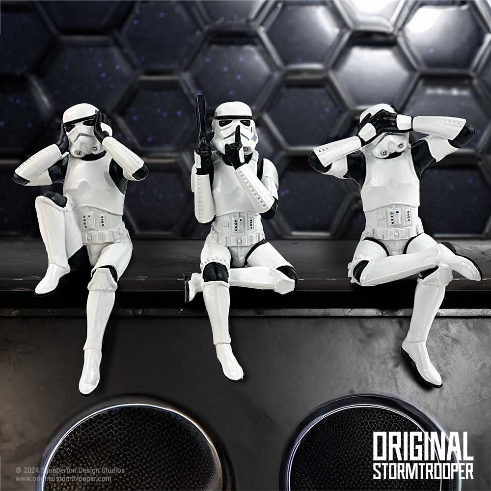 Trio de figurines Stormtroopers Star Wars en armure blanche, postures du mantra des trois sages