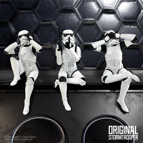 Trio de figurines Stormtroopers Star Wars en armure blanche, postures du mantra des trois sages