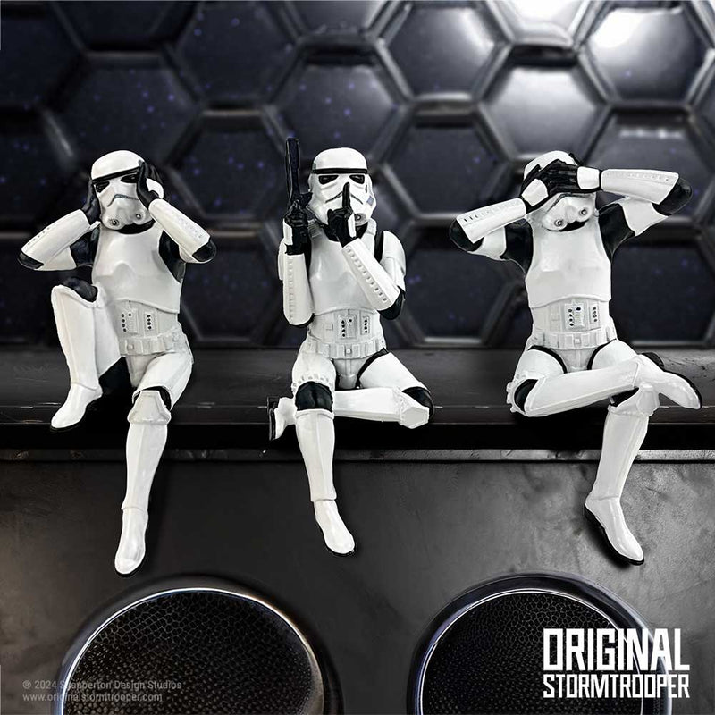 Trio de figurines Stormtroopers Star Wars en armure blanche, postures du mantra des trois sages