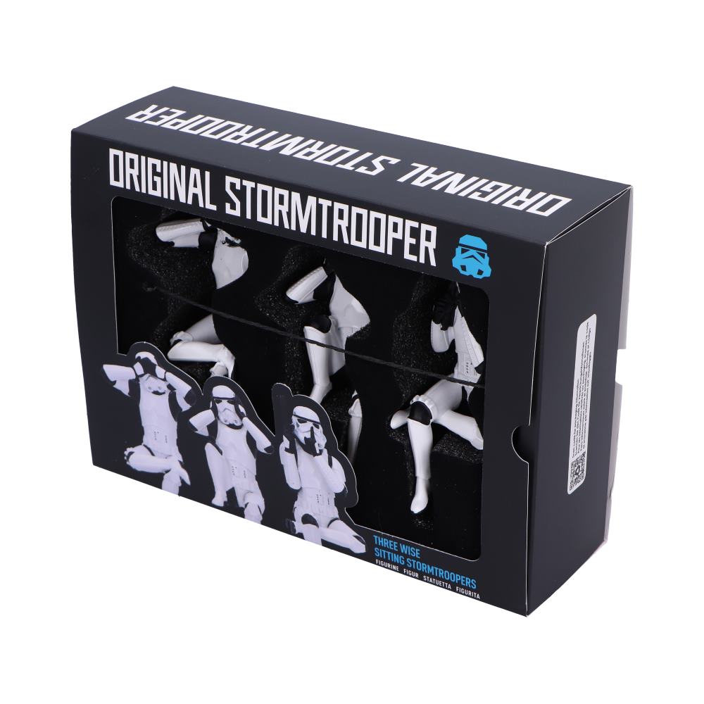 Trio de figurines Stormtroopers Star Wars en armure blanche, postures du mantra des trois sages