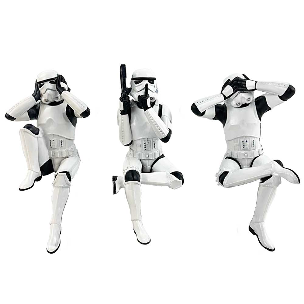 Trio de figurines Stormtroopers Star Wars en armure blanche, postures du mantra des trois sages