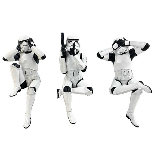 Trio de figurines Stormtroopers Star Wars en armure blanche, postures du mantra des trois sages