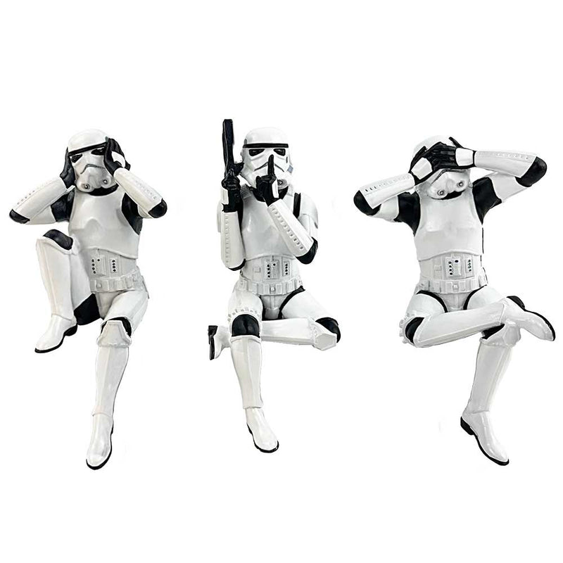 Trio de figurines Stormtroopers Star Wars en armure blanche, postures du mantra des trois sages
