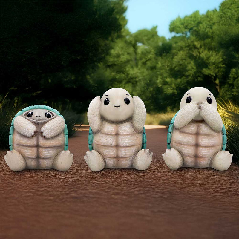 Trio de figurines tortues sages en résine, postures du mantra japonais mizaru kikazaru iwazaru