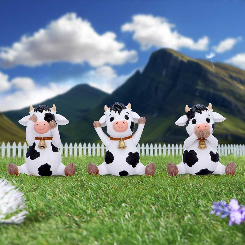 Trio de figurines vaches sages aux cloches dorées en résine, gestes du mantra protecteur