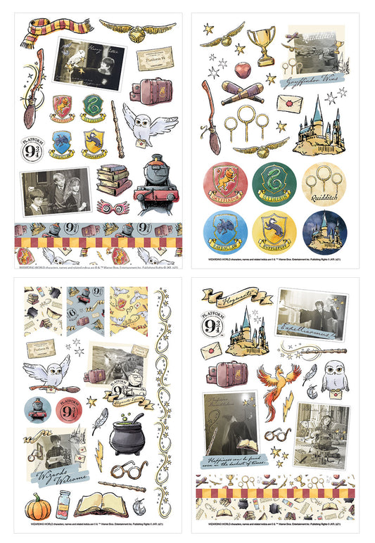 Lot de 4 planches de stickers Harry Potter, Hedwige, voie 9¾, Nimbus 2000 et Poudlard Express