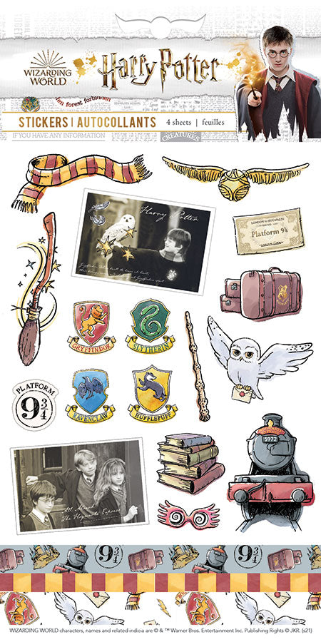 Lot de 4 planches de stickers Harry Potter, Hedwige, voie 9¾, Nimbus 2000 et Poudlard Express