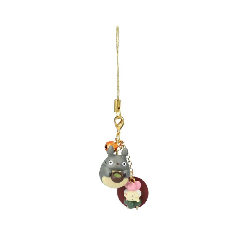 Porte-clés strap Totoro gris tenant un bol avec plateau de dango colorés, bijou de sac