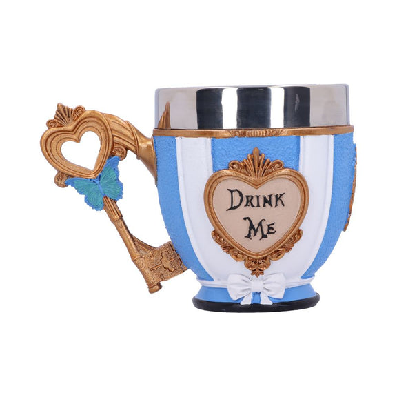 Tasse Drink Me Alice au Pays des Merveilles, robe bleue et blanche et cœur doré en relief