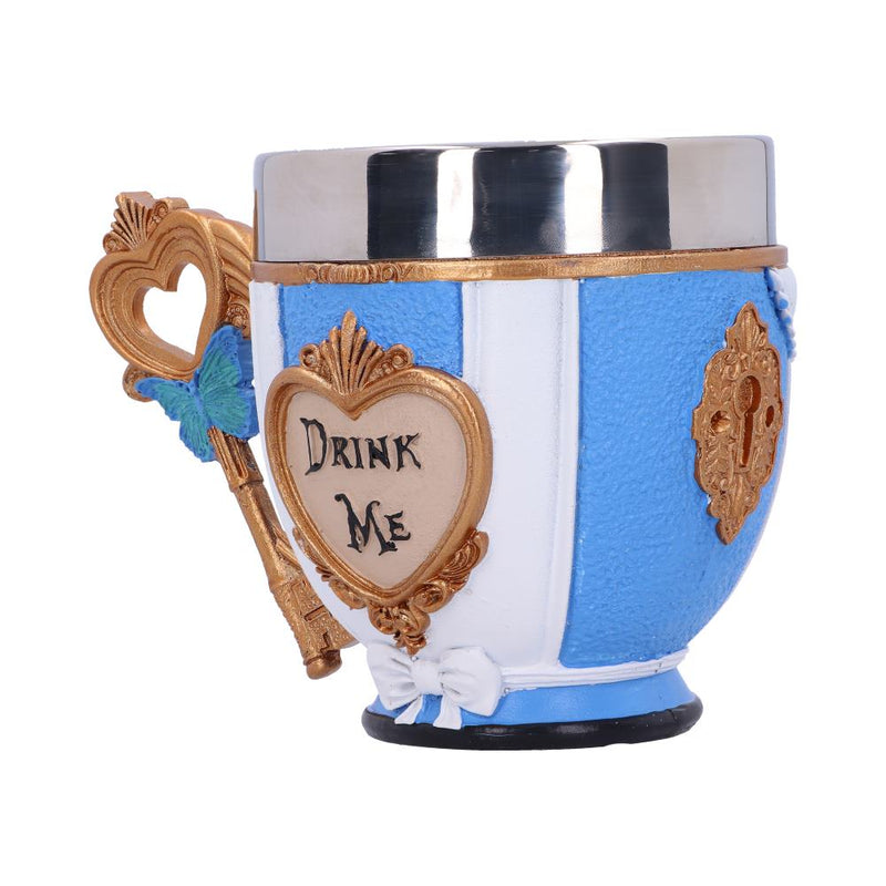 Tasse Drink Me Alice au Pays des Merveilles, robe bleue et blanche et cœur doré en relief