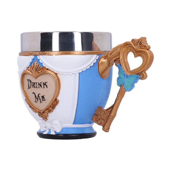 Tasse Drink Me Alice au Pays des Merveilles, robe bleue et blanche et cœur doré en relief
