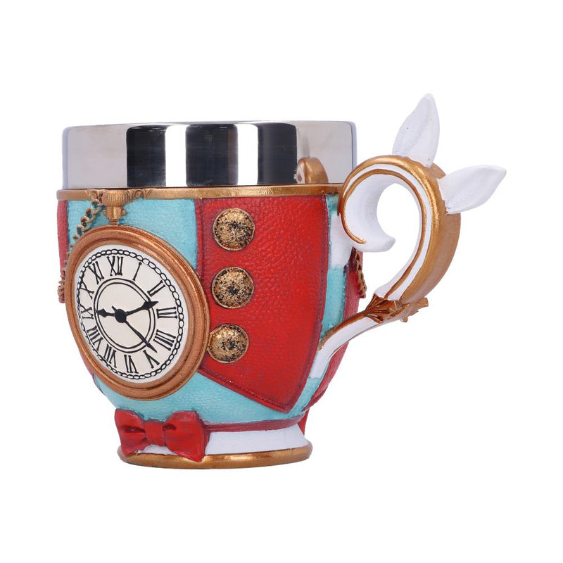 Tasse Lapin Blanc Alice au Pays des Merveilles avec montre à gousset en relief, rouge et bleu ciel