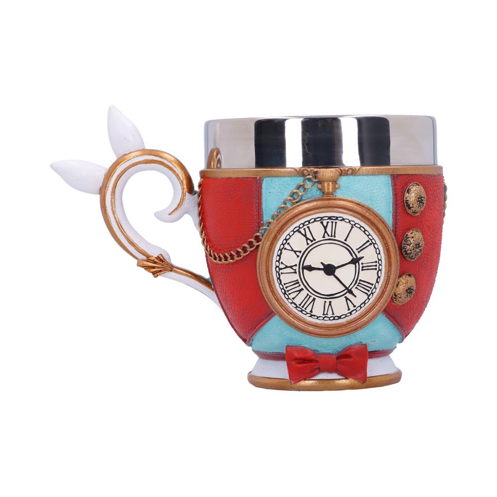 Tasse Lapin Blanc Alice au Pays des Merveilles avec montre à gousset en relief, rouge et bleu ciel