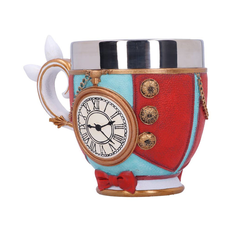 Tasse Lapin Blanc Alice au Pays des Merveilles avec montre à gousset en relief, rouge et bleu ciel