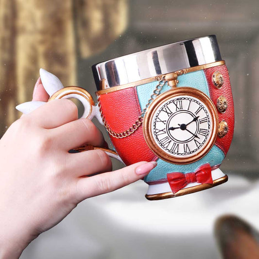 Tasse Lapin Blanc Alice au Pays des Merveilles avec montre à gousset en relief, rouge et bleu ciel